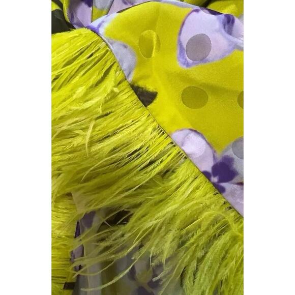 Carolina Herrera Silk Mini Dress M Feathers Long Sleeve Green Floral Neck Tie - Picture 7 of 10